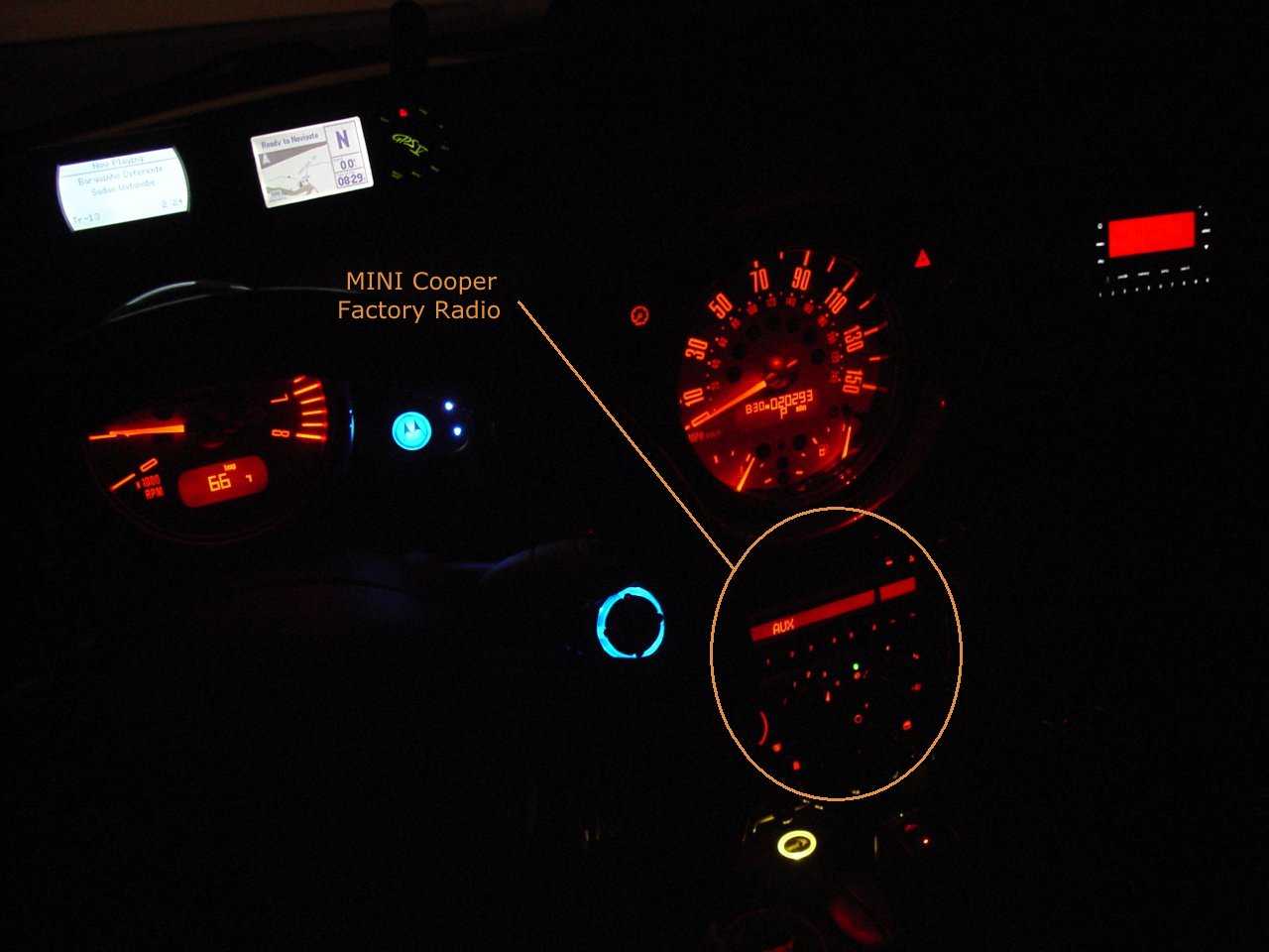 MINI Cooper Electronics Marathon Install | MINI Cooper Auxiliary Audio Input | harman/kardon drive + play | Garmin V GPS | Motorola HF 850 Bluetooth Hands-Free | Delphi Roady XT XM Satellite Radio | Factory Radio